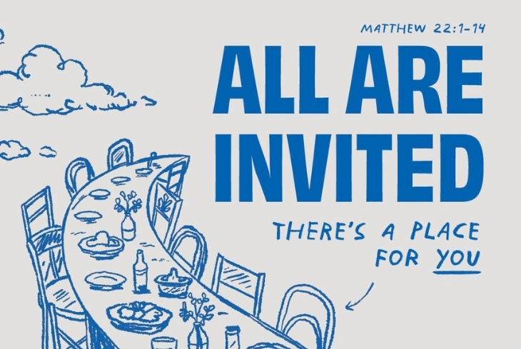 Illustration of a table with a lot of chairs.